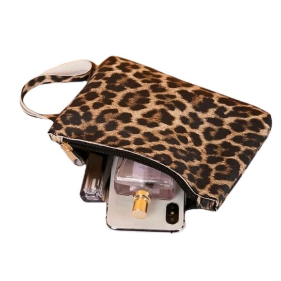 Brown, Black & Tan Leopard Animal Print Clutch Wristlet Handbag - Picture 4 of 5